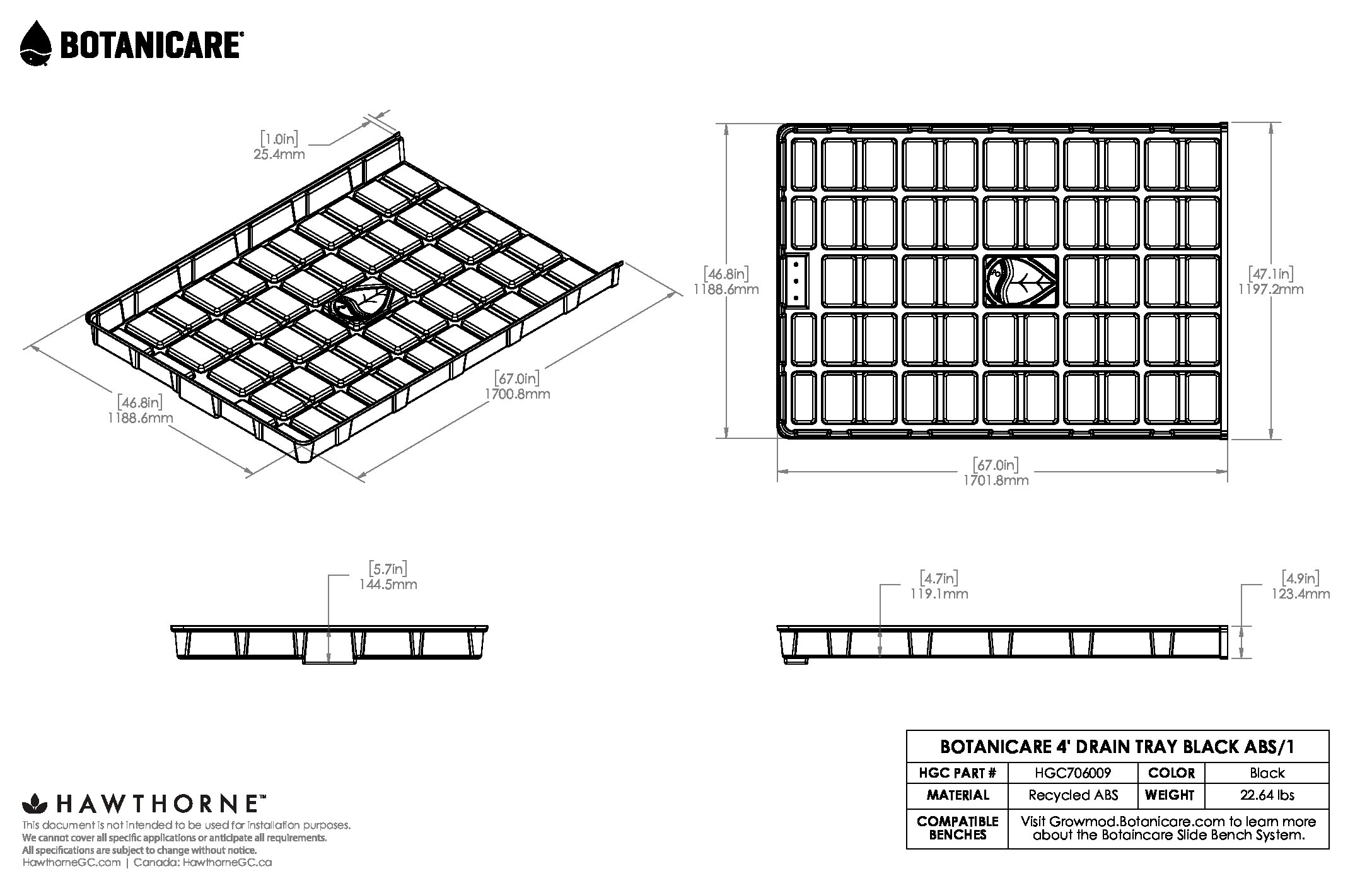 4ft Drain Tray Black ABS Spec Sheet