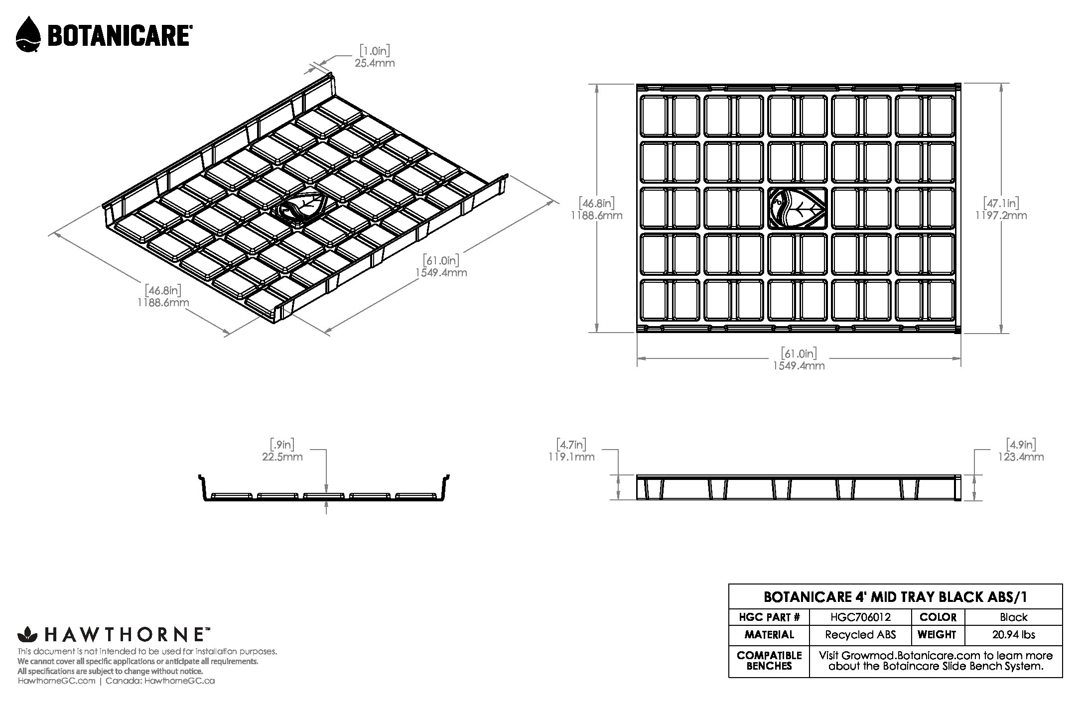 4ft Mid Tray Black ABS Spec Sheet
