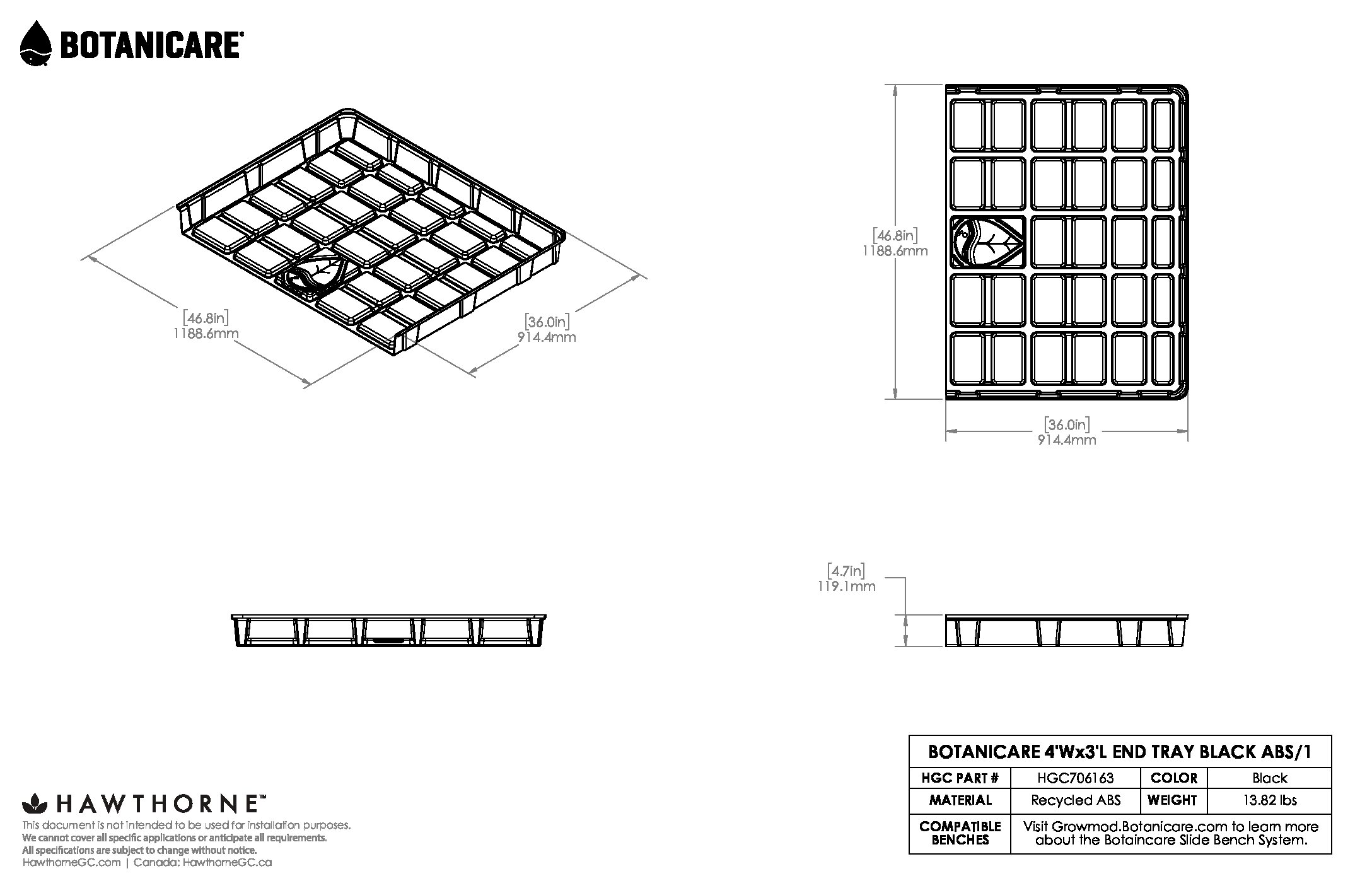 4ftX3ft End Tray Black ABS Spec Sheet