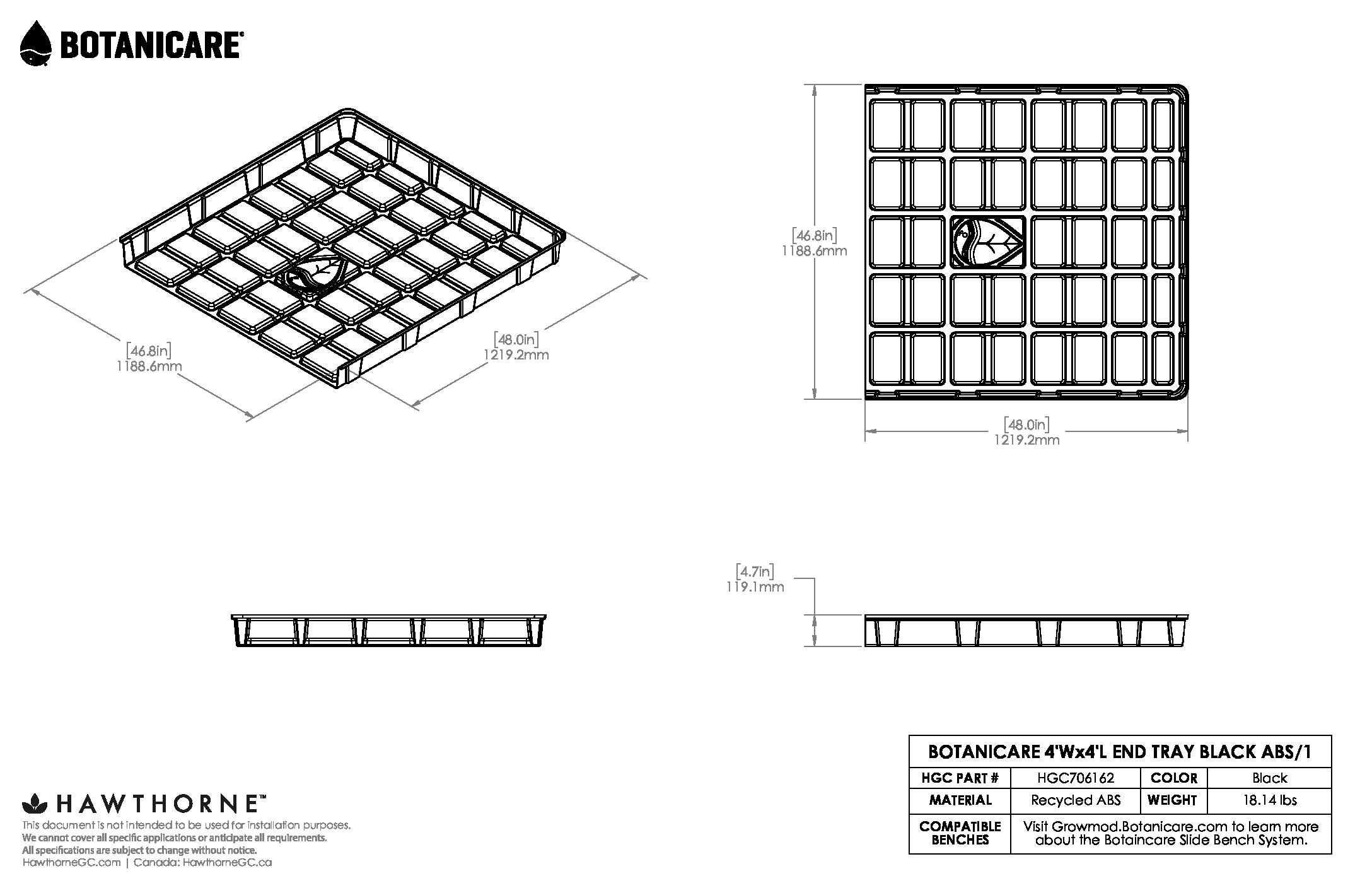 4ftX4ft End Tray Black ABS Spec Sheet