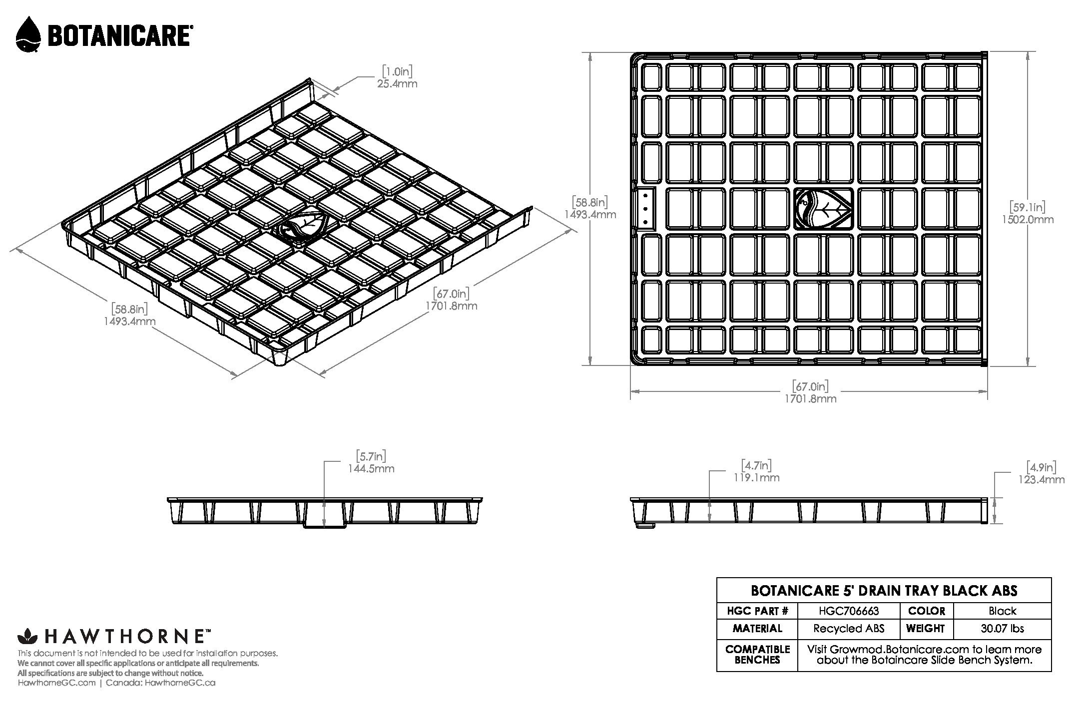 5ft Drain Tray Black ABS Spec Sheet