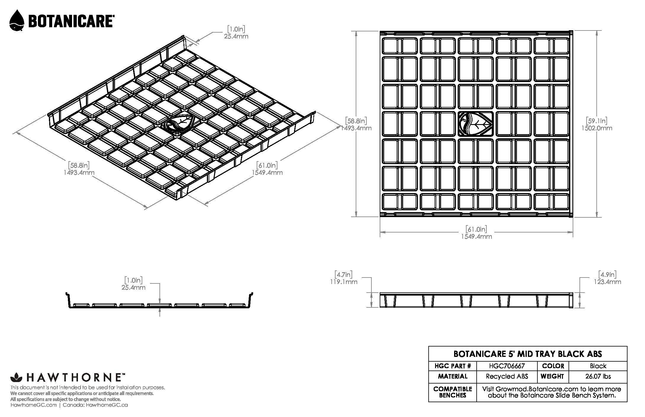 5ft Mid Tray Black ABS Spec Sheet