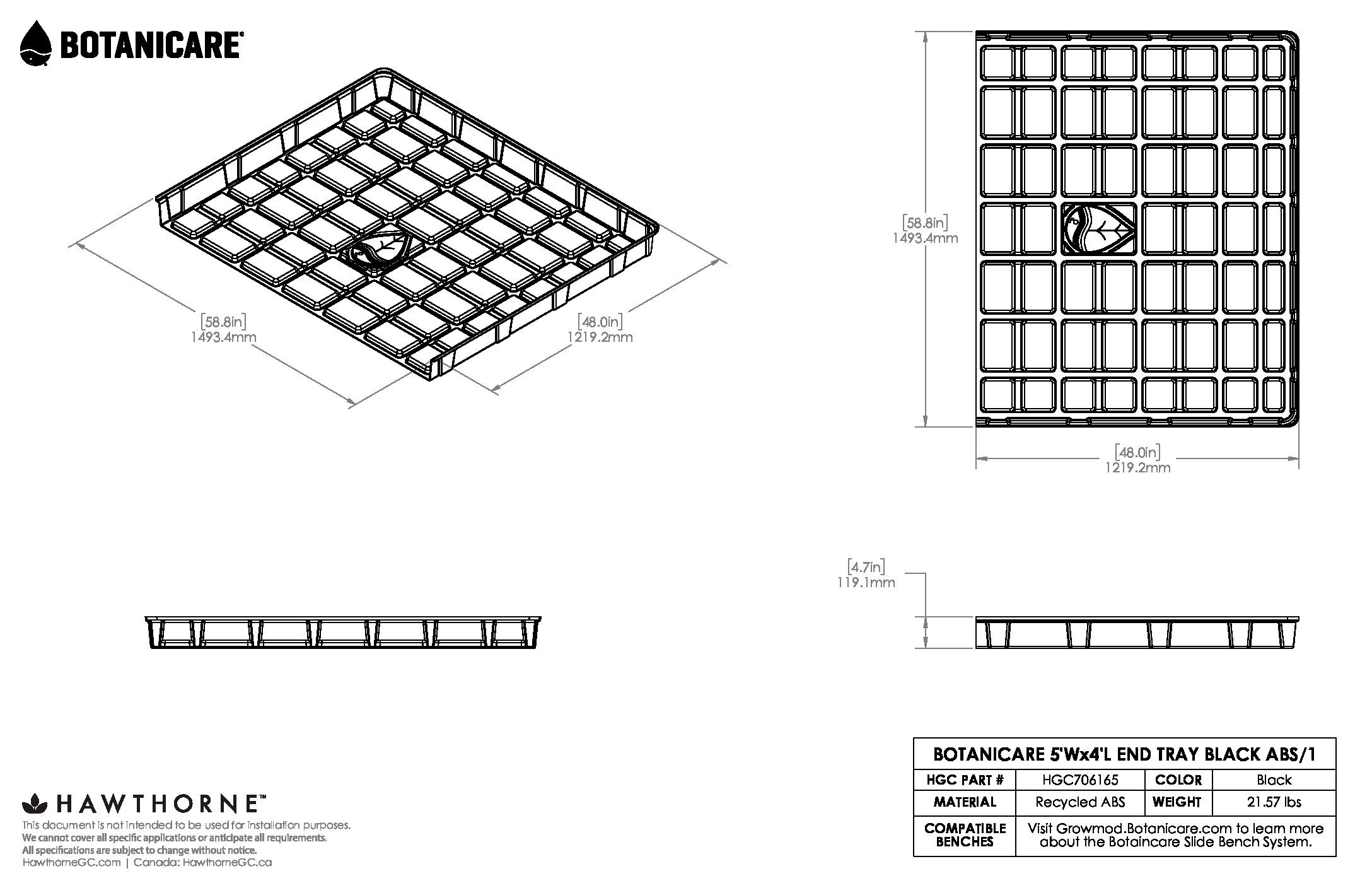 5ftX2ft End Tray Black ABS Spec Sheet