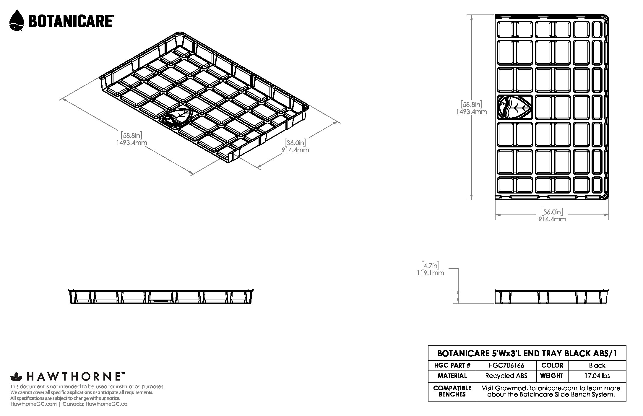 5ftX3ft End Tray Black ABS Spec Sheet