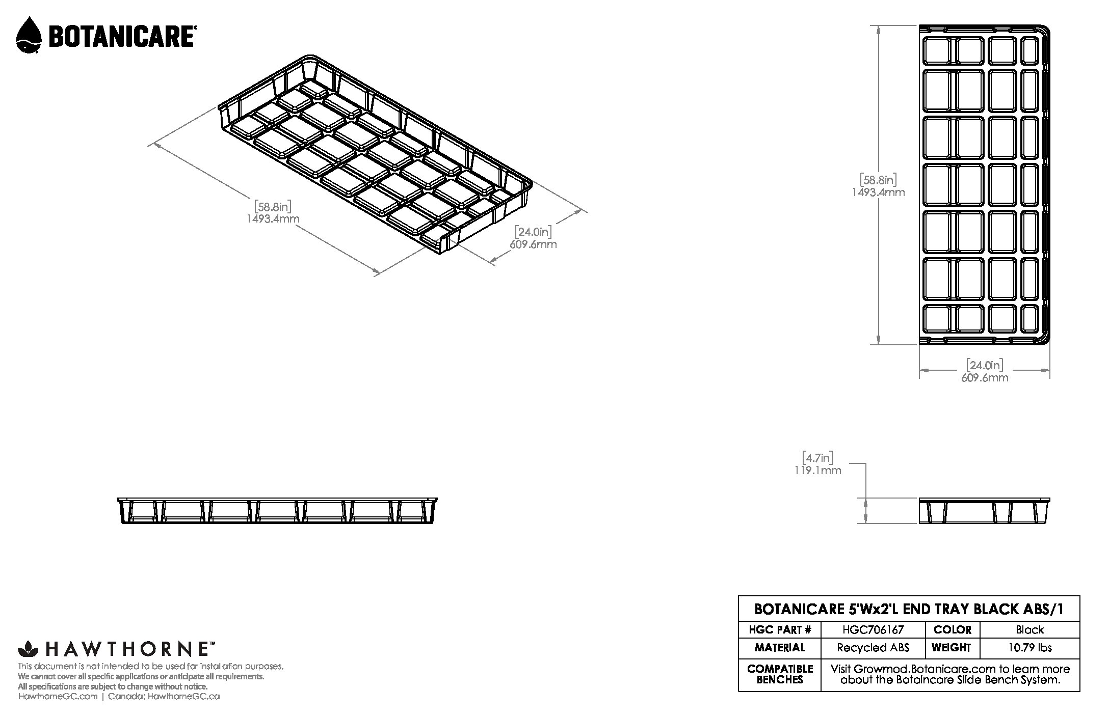 5ftX4ft End Tray Black ABS Spec Sheet