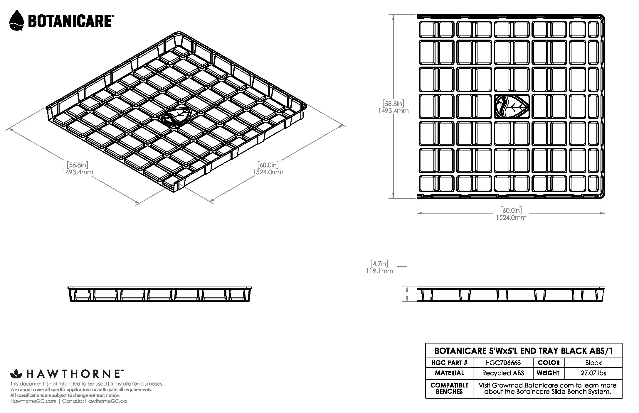 5ftX5ft End Tray Black ABS Spec Sheet